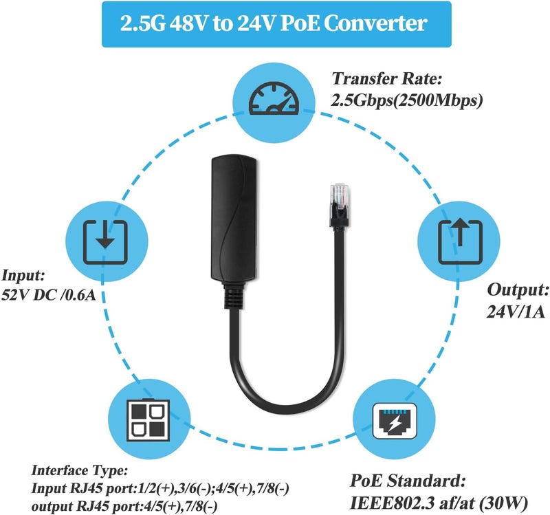 REVODATA 2.5G PoE 48V to 24V PoE Converter, RJ45 Port Output 24V/1A, 2.5Gbps Ethernet Comply IEEE802.3af/at, Passive PoE to 24V Adapter, for Passive 24V Devices(PS5724TG-RJ) - Image 4